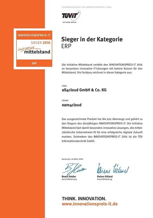 Innovationspreis-IT in der Kategorie ERP für die Cloud-Company all4cloud