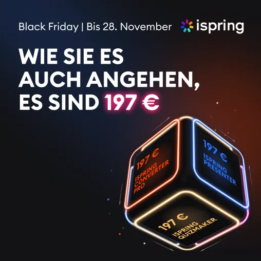 Leistungsstarke E-Learning-Tools für 197 Euro. iSpring startet Black-Friday-Aktion. Bild: Leistungsstarke E-Learning-Tools für 197 Euro. iSpring startet Black-Friday-Aktion.