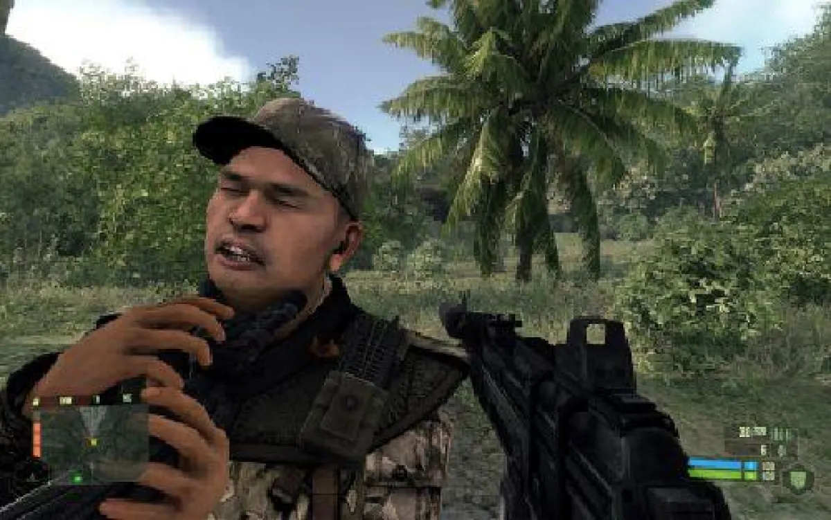 Crysis führt Spieler durch üppige tropische Umgebungen und verleiht ihnen übernatürliche Kräfte dank des Nanosuit. Das Bild wurde mit dem NVIDIA-Grafikprozessor GeForce 8800 GTX erzeugt.
