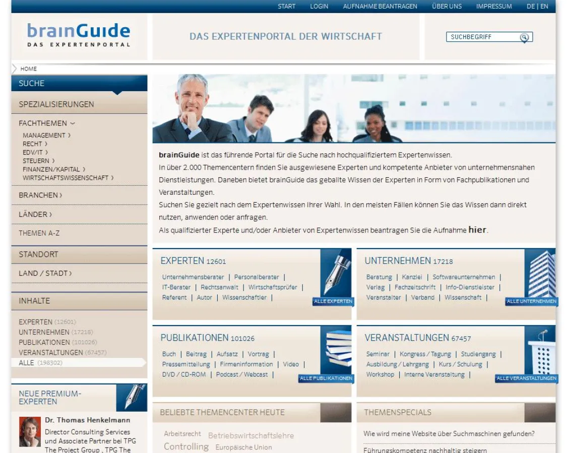 Startseite des überarbeiteten Expertenportals brainGuide