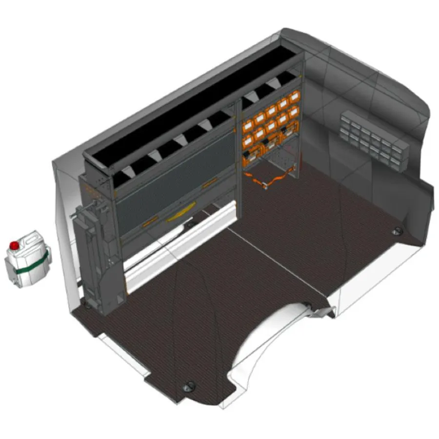 StoreVan Regal mit Vollauszugschublade, Traverse mit Zurrgurt, Wannen, Rollladen