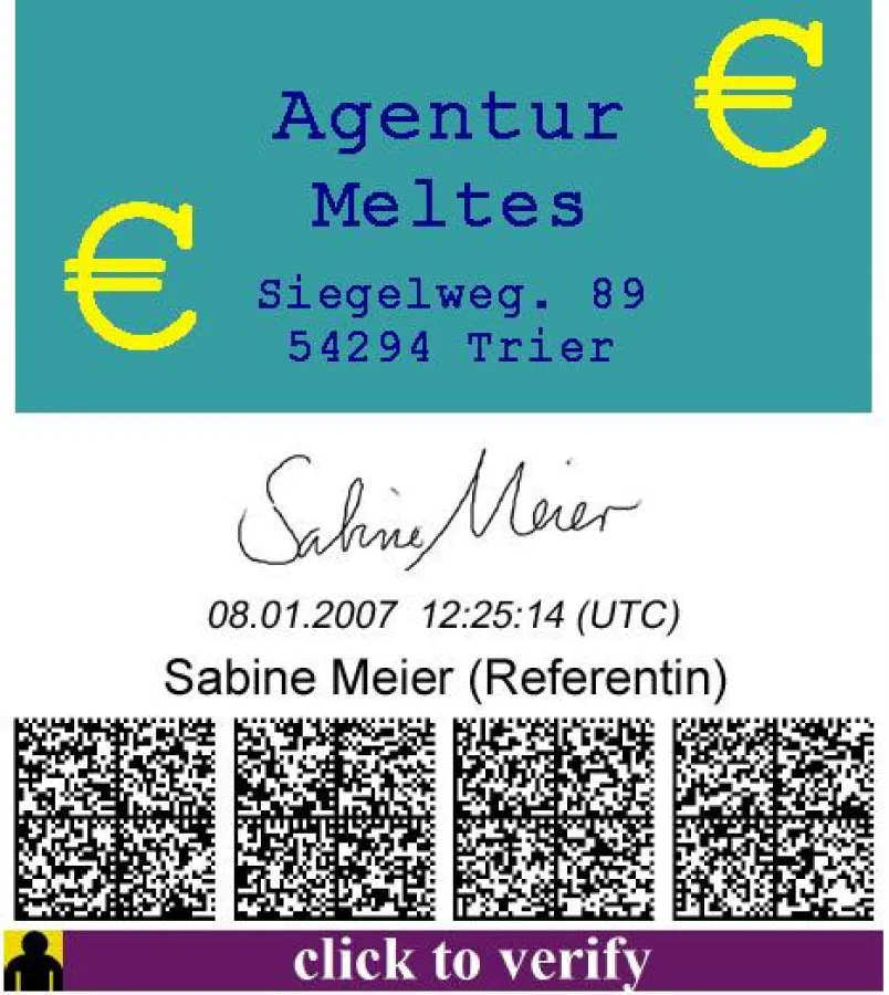 Fiktives elektronisches Siegel mit firmenspezifischem Siegellogo, digitalisierter eigenhändiger Unterschrift(optional), Signaturzeitpunkt, Unterzeichner, zweidimensionalem Matrixcode mit Signaturinfor