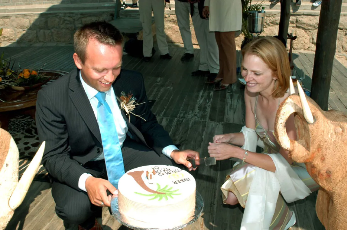 Afrikanische Hochzeitstorte nach deutschem Rezept: Buttercreme und Biskuit, Palmen und Elefanten aus Marzipan