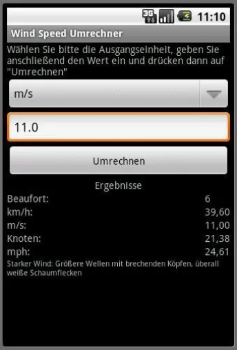 Bild: Wind-Umrechnung mit dem Telefon