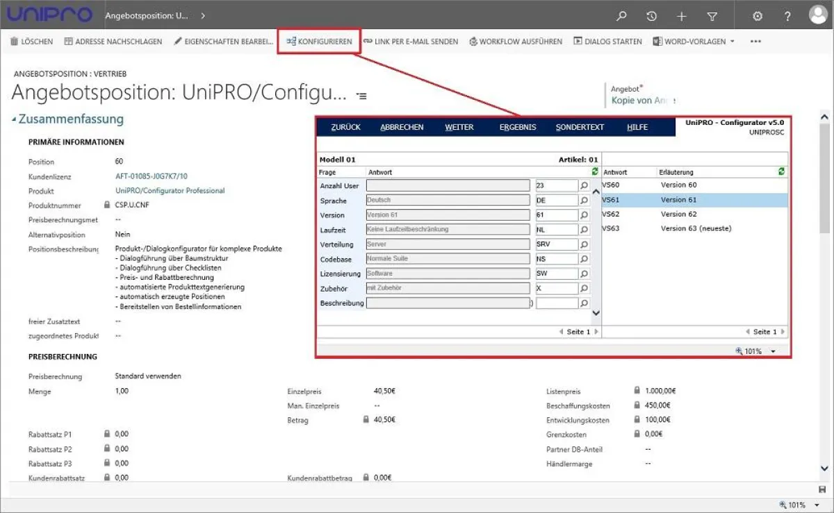 Angebotskonfigurierung mit UniPRO/Configurator