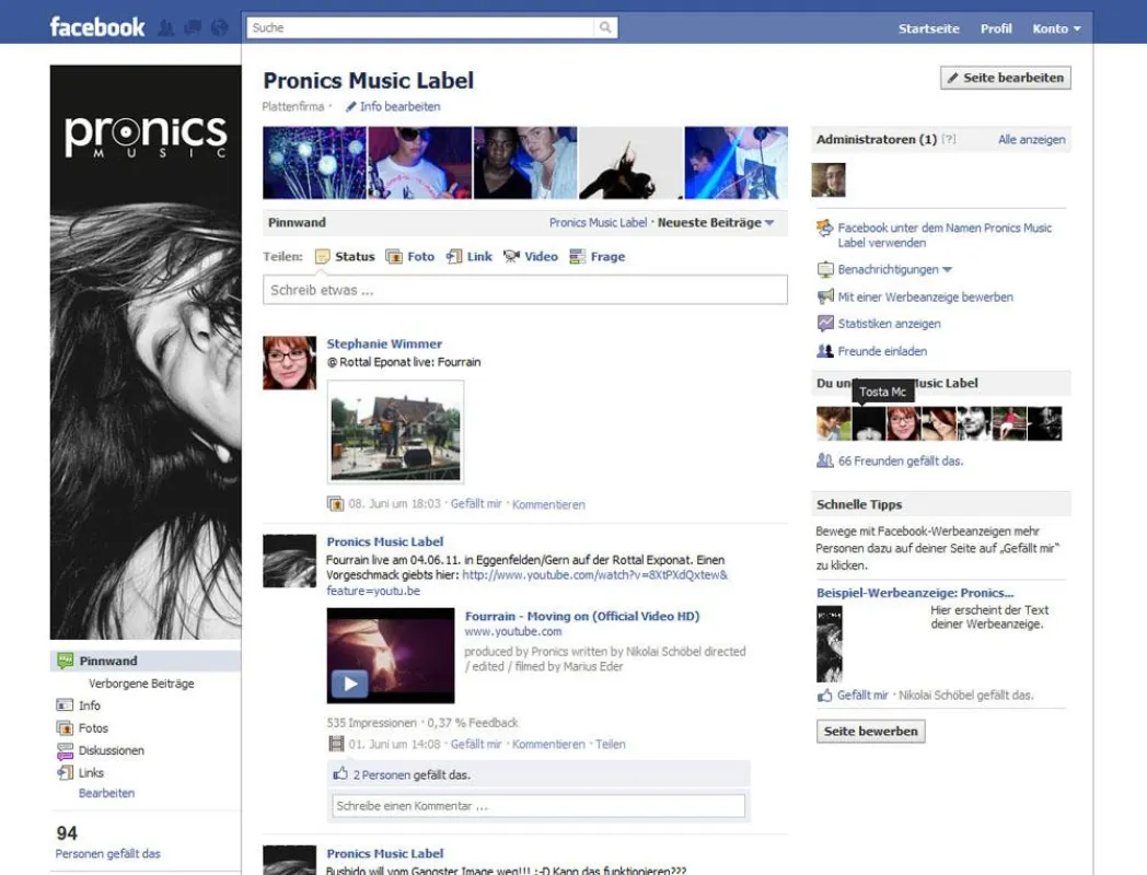 die Facebook-Seite von pronics music