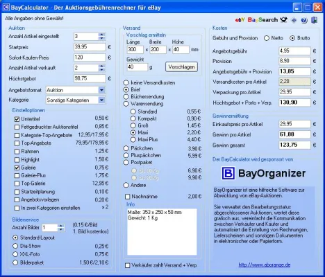 Bild: BayCalculator berechnet eBay-Gebühren, Portokosten und Versteigerungsgewinn