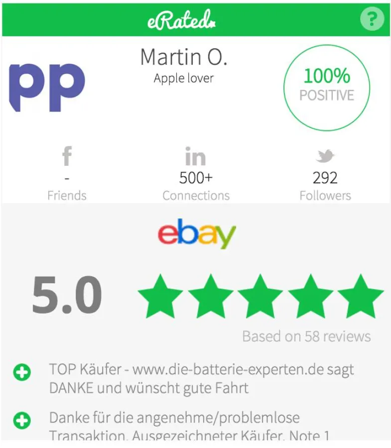 Profilintegration von eRated auf Clappifieds.de