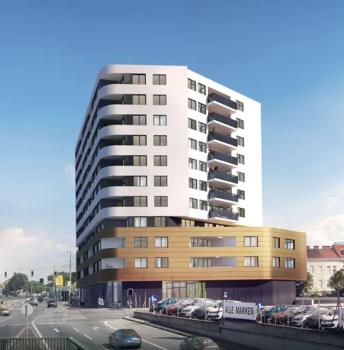 Blickfang am Genochplatz: Neues Wohnbauprojekt von C&P Immobilien im 22. Wiener Gemeindebezirk Bild: Blickfang am Genochplatz: Neues Wohnbauprojekt von C&P Immobilien im 22. Wiener Gemeindebezirk