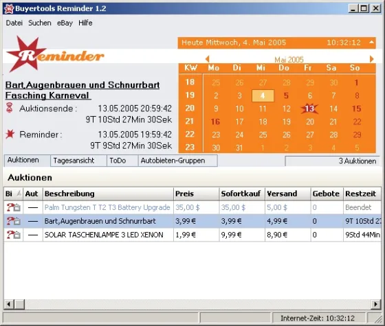 Bild: Buyertools Reminder 1.2 erinnert an eBay-Auktionen - und bietet auch gleich mit