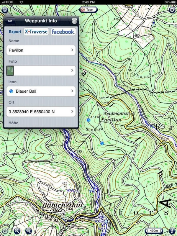 Fugawi iMap Topo-Karten Ansicht mit Fotowegpunkt Info