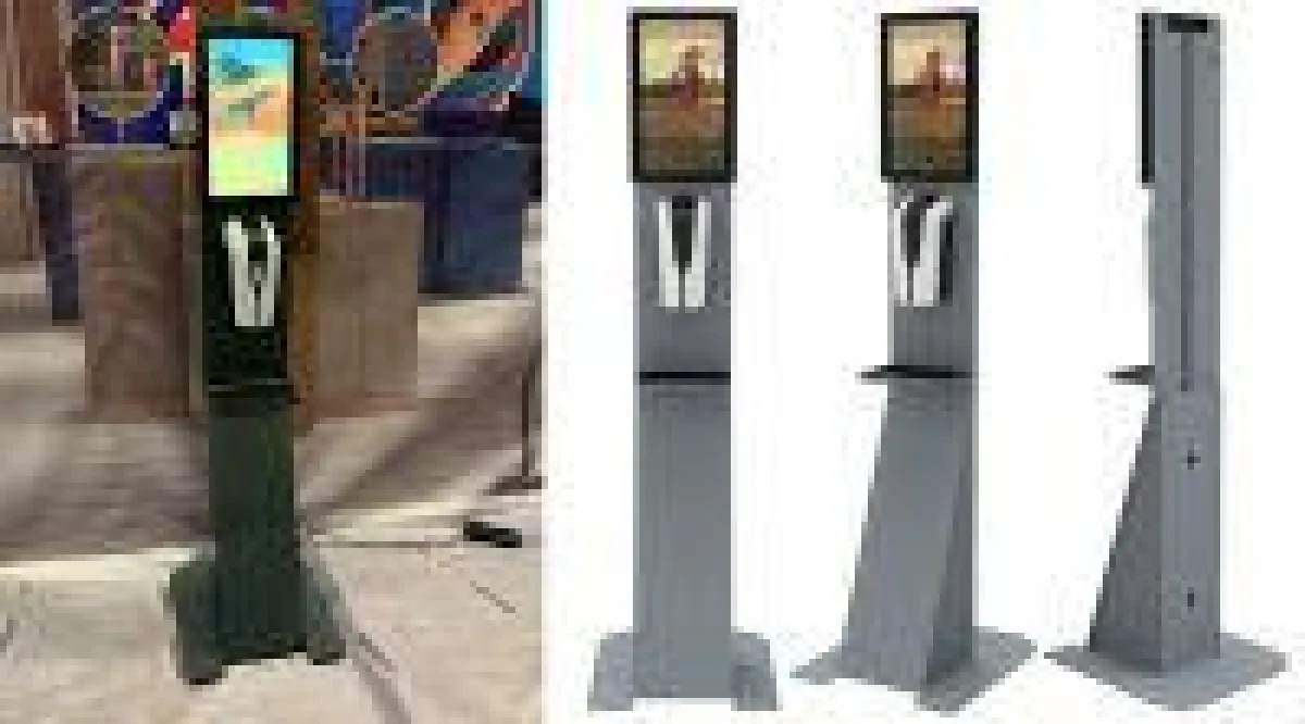 DS Desinfect - Desinfektionsmittel-Spender mit Sensor & Multifunktionale Digital Signage Stele kombiniert
