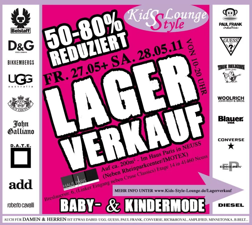 Designer Baby-& Kindermode Lagerverkauf am 27.05 & 28.05.2011 von 10.00-20.00 Uhr  Stark reduziert Artikel bis zu -80%.