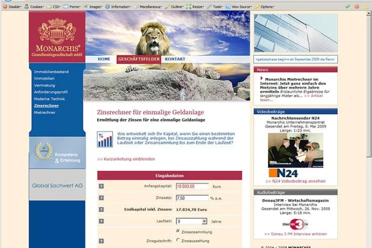 Bild: Monarchis Finanzrechner im Internet - Jetzt spielend Zinsen und Zinseszinsen ausrechnen