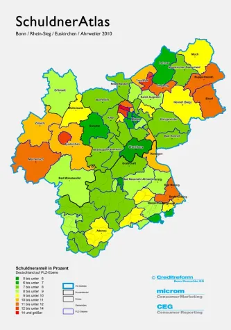 Bild: SchuldnerAtlas Bonn/Rhein-Sieg/Euskirchen 2010 – leicht negative Entwicklung der Überschuldung