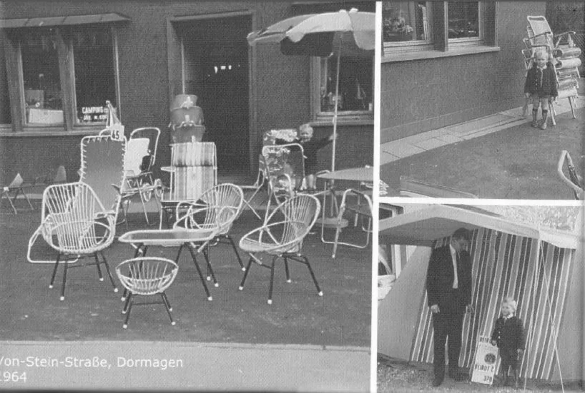 Firmengründer Bruno Gongoll mit Sohn Thomas 1964 vor dem ersten Geschäft in Dormagen