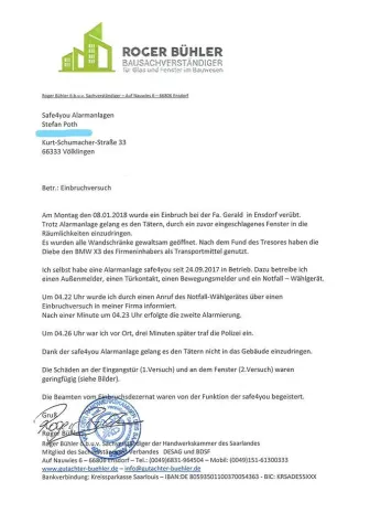 Bild: Einbruch verhindert - Einbruchdezernat von safe4u begeistert