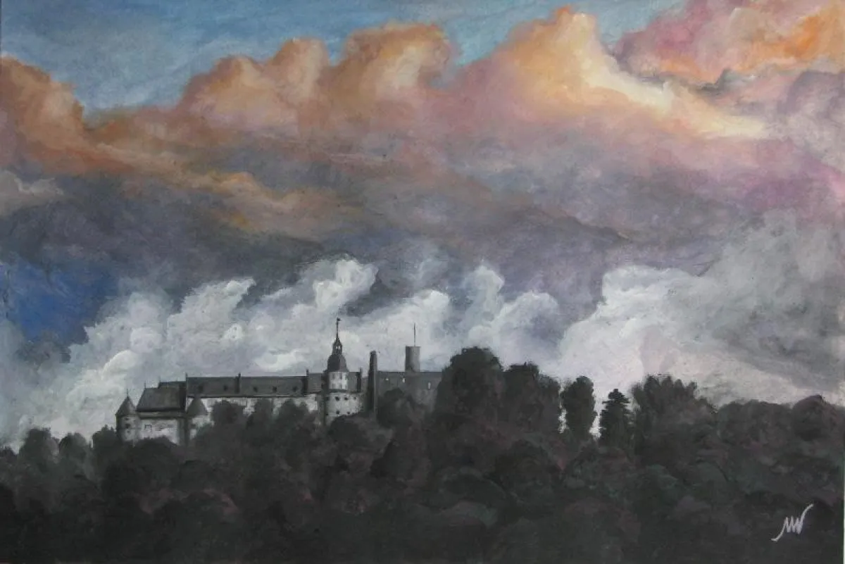 Schloss Hellenstein am Abend mit aufziehendem Gewitter