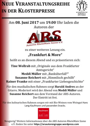 Bild: Frankfurt & More - Lesungsreihe der ARS Autoren RheinMain Szene e.V. in der Klosterpresse