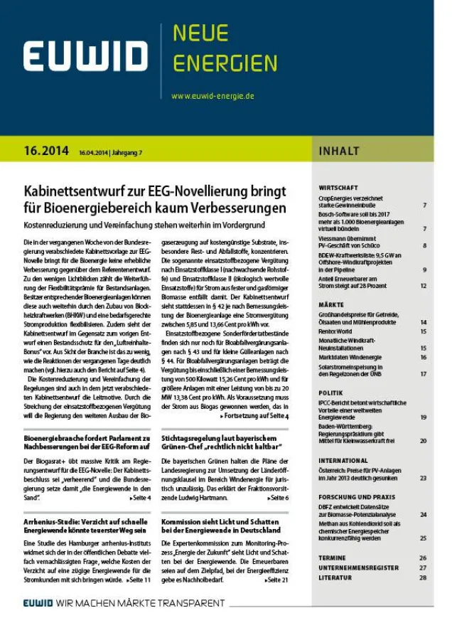 EUWID Neue Energien 16/2014 ist am 16. April erschienen