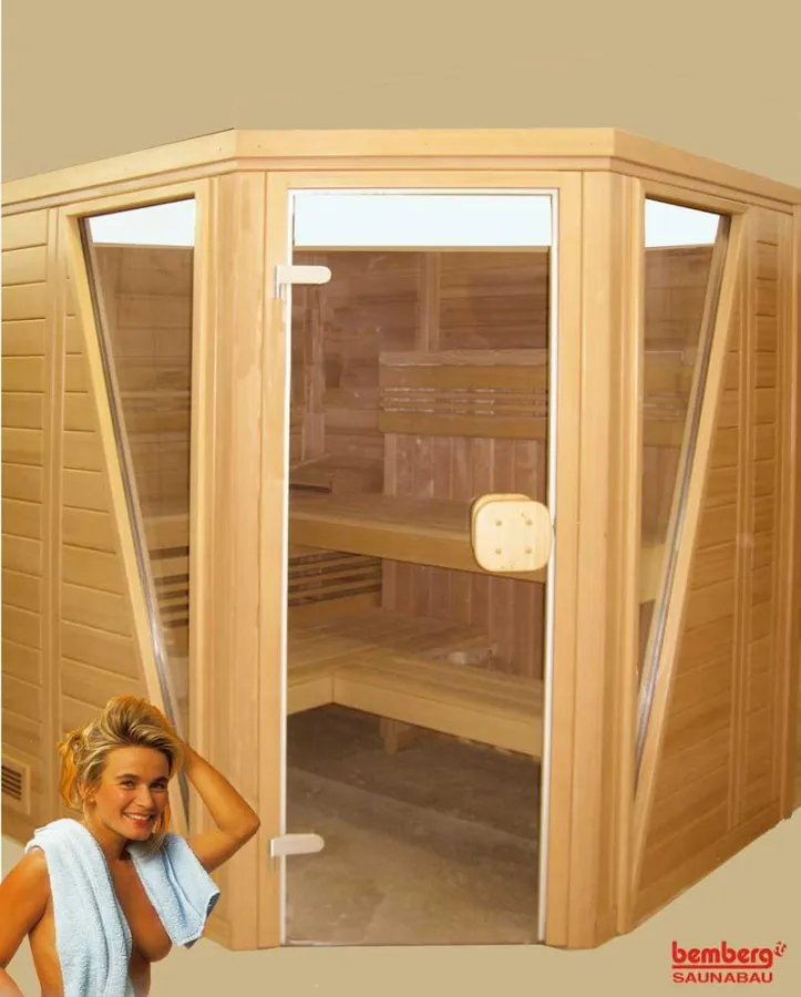 NORDI ausgestattet mit dem Original BEMBERG FRESH-FEELING als SOFT-FEELING ( Sauna und Softdampfbad ), Korpus aus massiver Hemlocktanne, 58 mm starke Bohlen ? Rifts-Qualität, Design-Front und innen mi