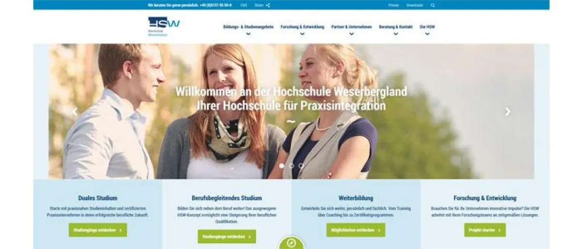 So sieht die neue Startseite der Hochschule Weserbergland aus.