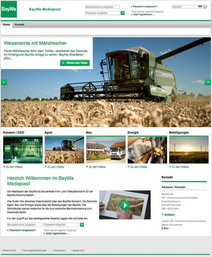 Startseite des Mediapools der BayWa AG, gebaut von der brain script GmbH