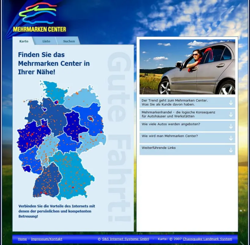 Immer aktuell: Die Deutschlandkarte zeigt die Zahl und Verteilung der Mehrmarken Center. Auch auf Listenansicht umschaltbar.