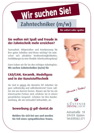 Bild: Zahntechniker (m/w) für CAD/CAM, Keramik, Modellguss und Kst.technik gesucht