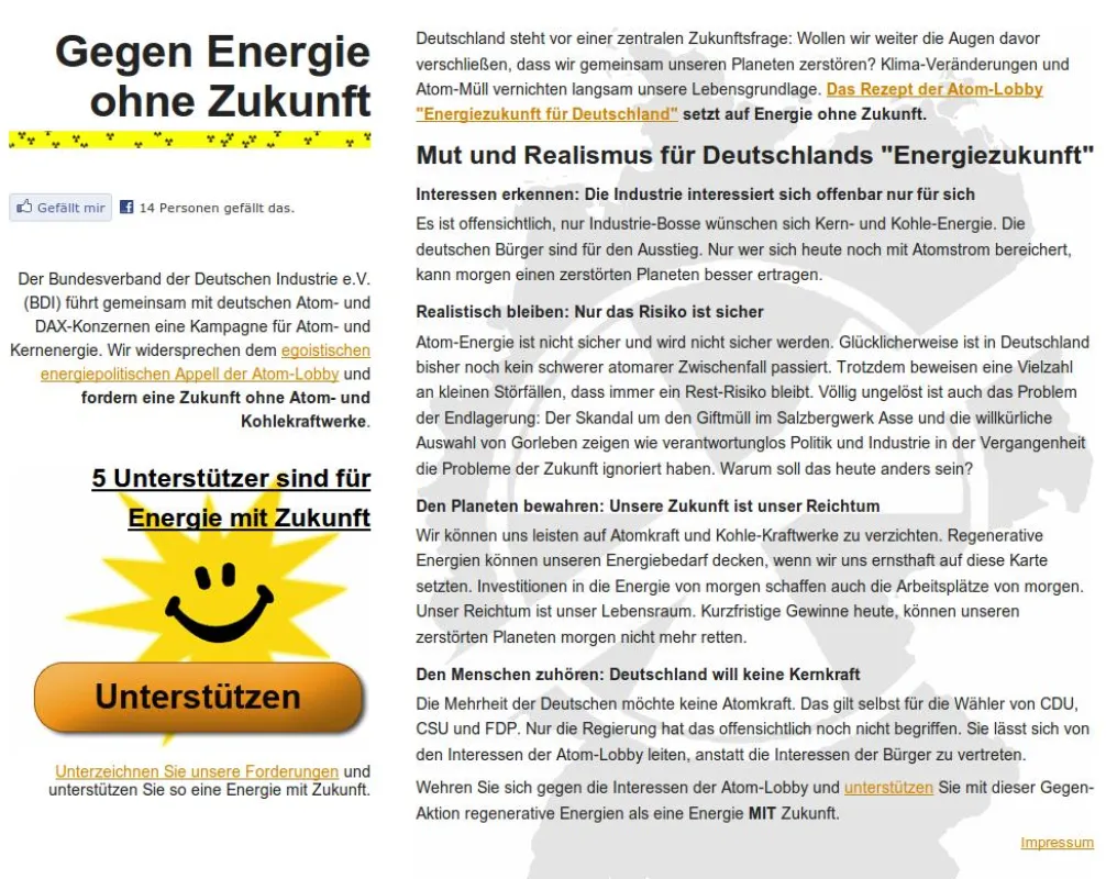 Die Website erinnert vom Aufbau an die Homepage der Atom-Kampagne