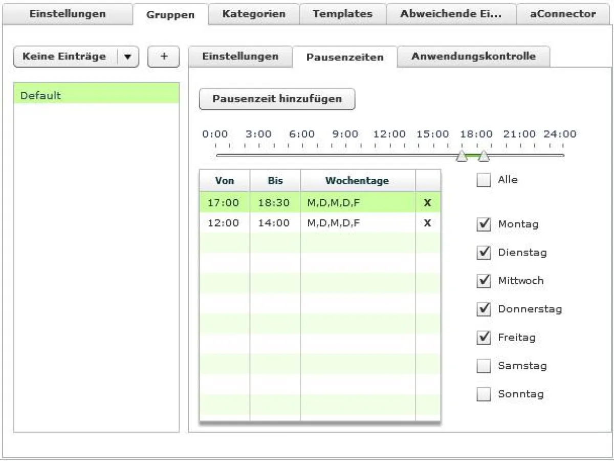 Konfiguration der Pausenzeiten im Control Panel
