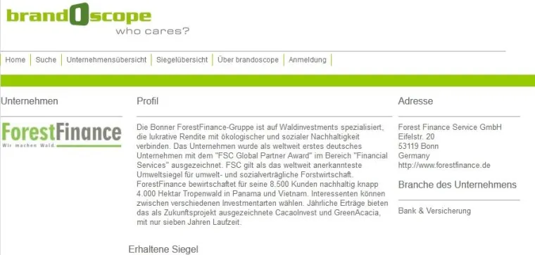 Brandoscope – ForestFinance verfügt über bestes Nachhaltigkeitprofil Bild: Brandoscope – ForestFinance verfügt über bestes Nachhaltigkeitprofil