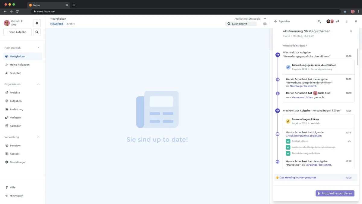 Neue Meetingfunktion in factro mit automatischem Protokoll (© factro)
