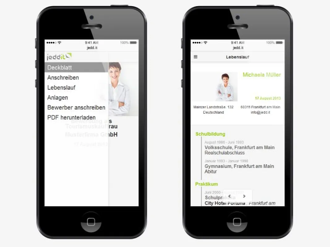 Mobile Homepage der Bewerbung