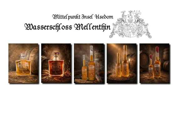Bild: Edle Malt Whiskys aus der Insel-Destillerie auf Wasserschloss Mellenthin und im Shop