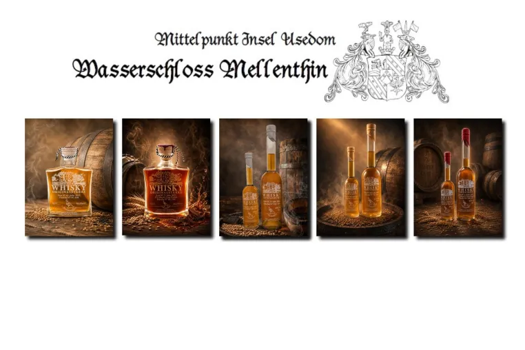 Bild: Edle Malt Whiskys aus der Insel-Destillerie auf Wasserschloss Mellenthin und im Shop