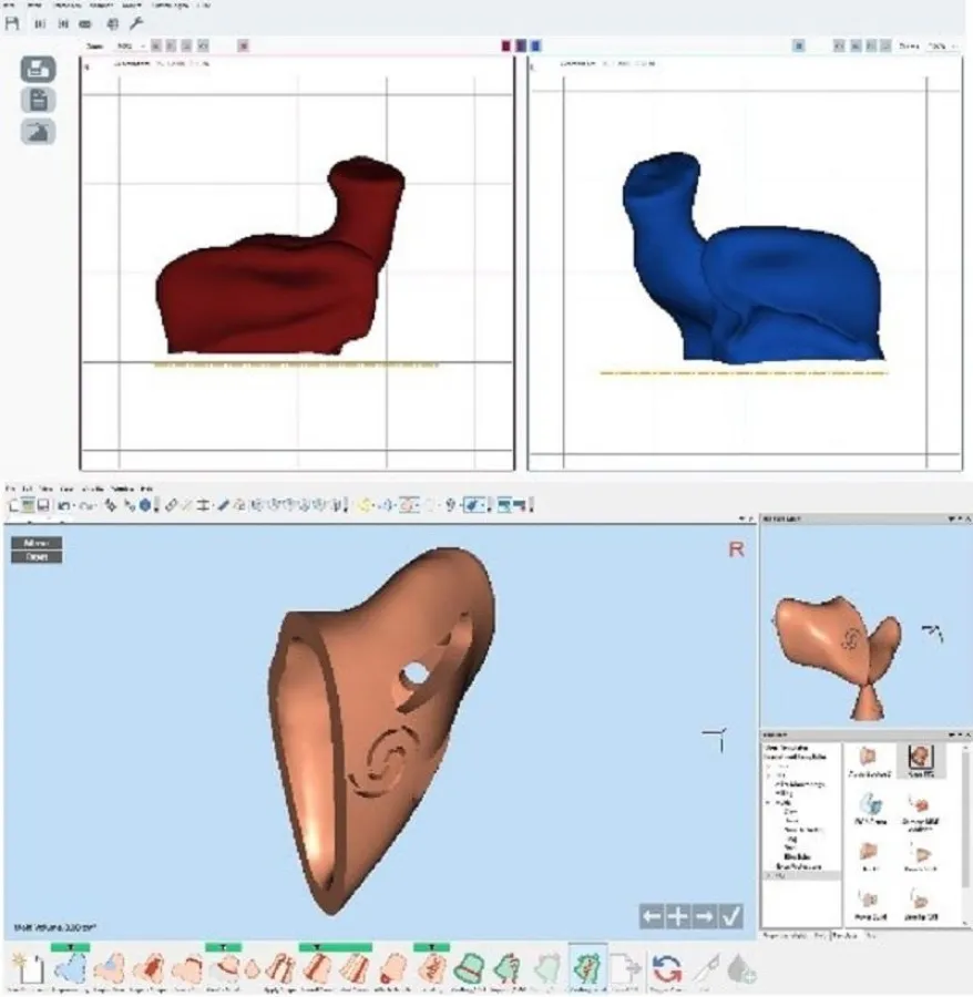 Das digitale Abbild der Ohr-Abformungen. Unten: Die Ausarbeitung am PC
