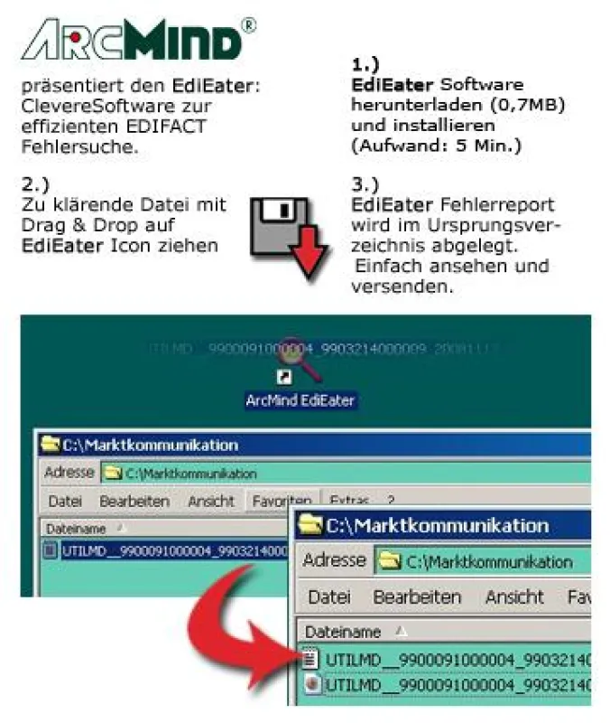 Zu prüfende Dateien werden einfach per Drag&Drop auf das ArcMind EdiEater Symbol gezogen und automatisch analysiert