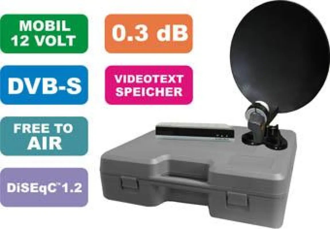 Die Kofferanlage von SL, ideal auf Campingplatz, im Garten, Truck oder auf dem Boot, beinhaltet alle Komponenten, die für den perfekten digitalen Empfang benötigt werden: Set-Top-Box, 35-cm-Schüssel,