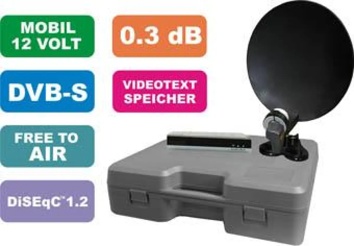 Die Kofferanlage von SL, ideal auf Campingplatz, im Garten, Truck oder auf dem Boot, beinhaltet alle Komponenten, die für den perfekten digitalen Empfang benötigt werden: Set-Top-Box, 35-cm-Schüssel, 