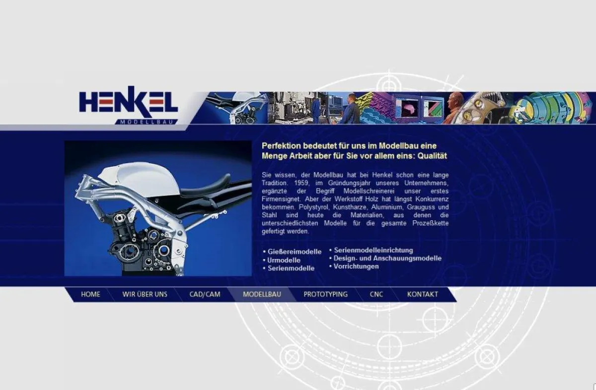 Screenshot: Homepage von Henkel Modellbau GmbH - Professioneller Dienstleister für 3D-Fräsen (5-Achsen-Fräsen und 3-Achsen-Fräsen)