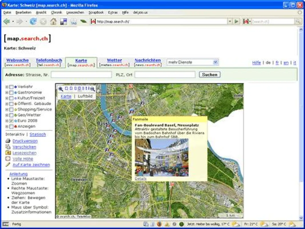 Screenshot Euro 2008 Guide auf map.search.ch