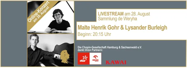 Bild: Online-Live-Konzert am 28. August mit Malte Henrik Gohr und Lysander Burleigh, Klavier