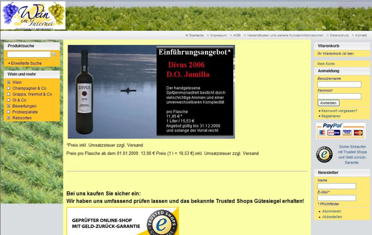WEIN IM INTERNET empfängt seine Besucher mit bekannten und unbekannten Weinentdeckungen, umfangreichen Beschreibungen, einer einfachen Navigation und einer Geld-Zurück-Garantie.