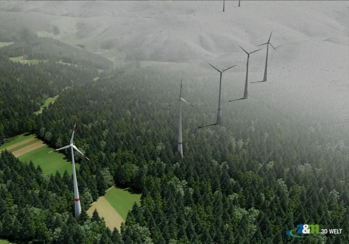 3D-Visualisierung von Windkraftanlagen in einem Gelände- und Vegetationsmodell  [Quelle: Z&M 3D-Welt