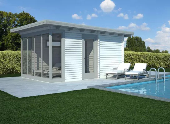 Bild: Perfekter Badespaß im Garten - Die Poolhaäuser von Blockhaus Westerhoff sind echte Multitalente