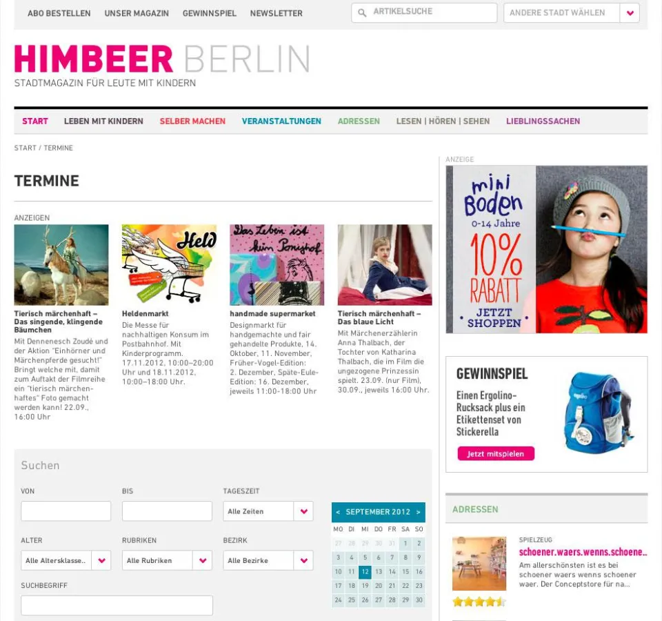 HIMBEER Veranstaltungskalender mit Kindertheater, Führungen und vielen weiteren Freizeitangeboten