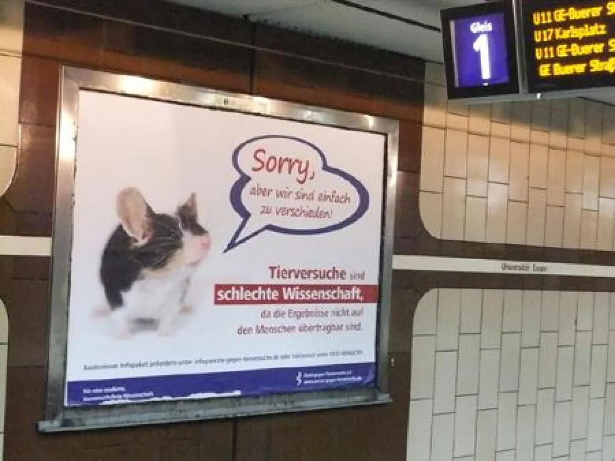 Die Plakatwand des Vereins Ärzte gegen Tierversuche soll zum Nachdenken anregen.