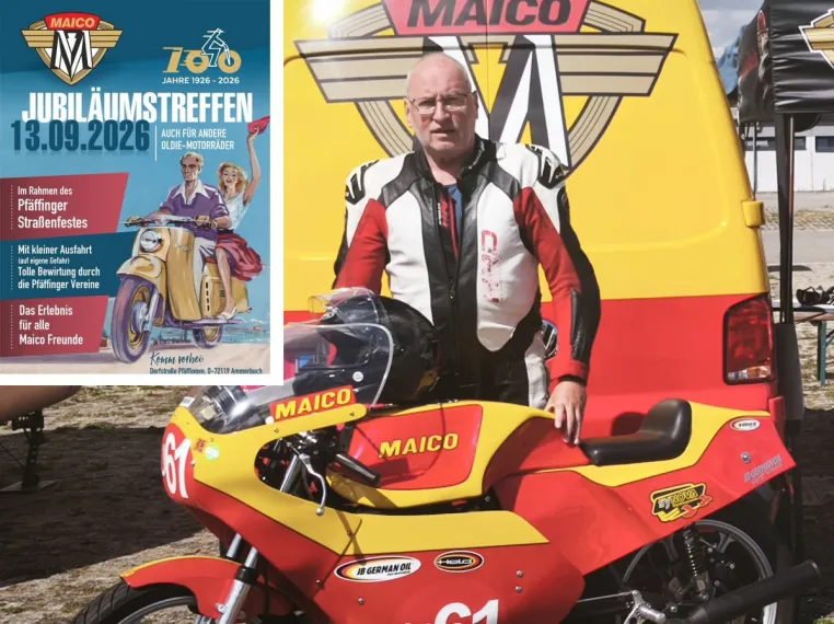 MAICO-Rennfahrer Peter Vagt stellt MAICO MD 250 WK CUP-Prototyp auf dem 100-Jahre-MAICO-Jubiläumstreffen aus Bild: MAICO-Rennfahrer Peter Vagt stellt MAICO MD 250 WK CUP-Prototyp auf dem 100-Jahre-MAICO-Jubiläumstreffen aus