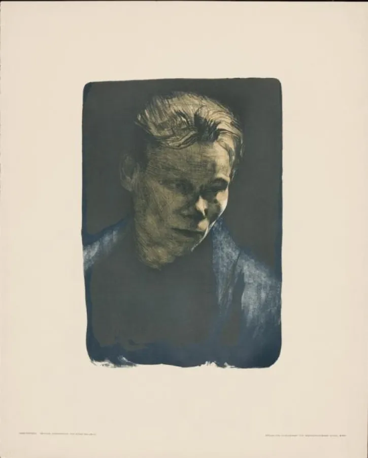 Käthe Kollwitz, Brustbild einer Arbeiterfrau mit blauem Tuch, Farblithographie,1903